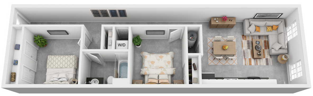 Floor plan for 2 beds, 1 bath, 982 sqft